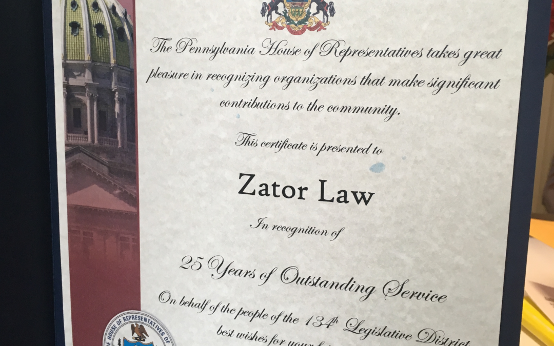 PA House Recognizes Zator Law for 25 years of Service